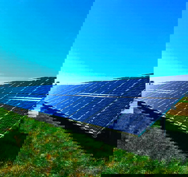 Solceller på en mark i solskin